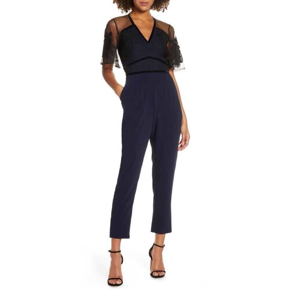 Anthropologie Harlyn Navy Mesh Overlay Jumpsuit